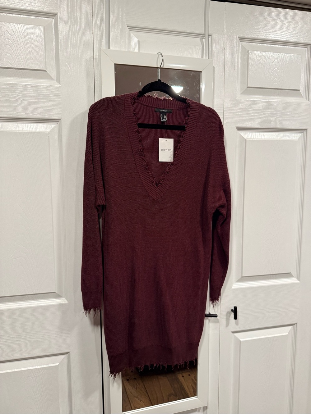 Forever 21 Wine Frayed V-Neck Sweater Dress